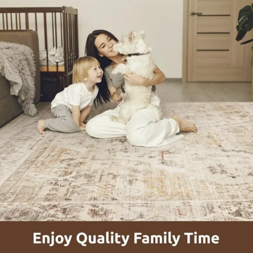 5x7 Beige Vintage Rug, Soft, Non-Slip, Washable Carpet for Home, Room & Office
